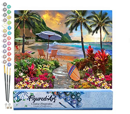 Figured'Art Malen Nach Zahlen Erwachsene Palme am Strand - Paint by Numbers Basteln DIY Bastelset 40x50cm ohne Holzrahmen