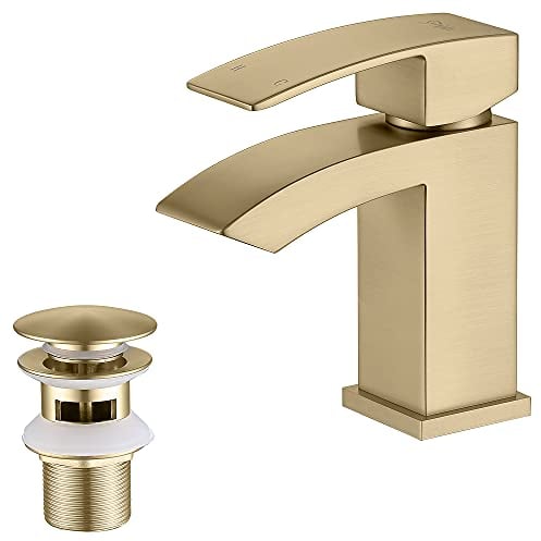 Friota Robinets de lavabo avec bonde pop-up en laiton doré brossé à levier unique pour salle de bain avec tuyau standard britannique