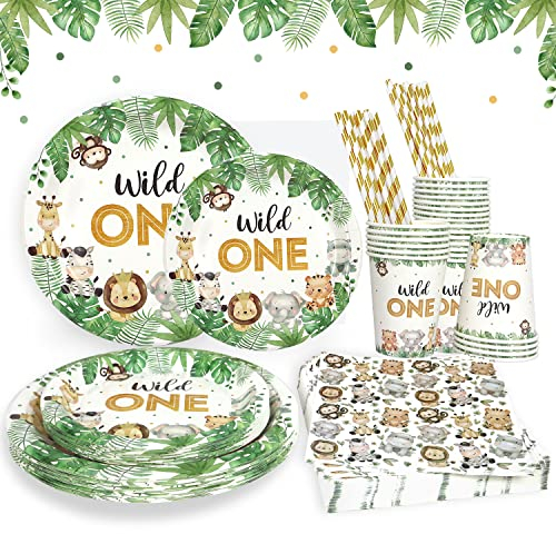 Wild One Geburtstag Deko Partygeschirr Set für 25 Gäste, Junge 1 Jahr Safari Dschungel Party wiederverwendbare Pappteller Becher Servietten für 1. Geburtstag Junge Mädchen