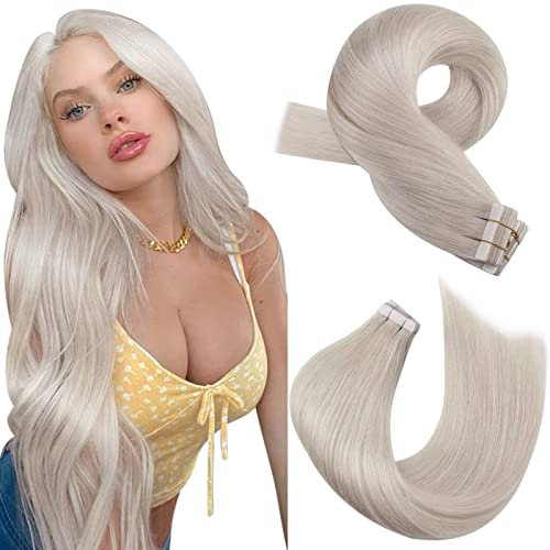 Moresoo Tape Extensions Echthaar Remy Unsichtbare Extensions Echthaar Tape Weißblond Haarverlängerung Echthaar Tapes 45 cm Menschenhaarverlängerung mit Klebeband 20 Stück 50G #60A