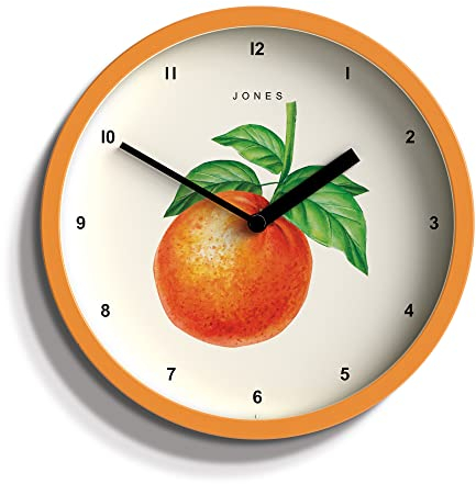 JONES CLOCKS® Fruit wanduhr | Kleine runde Uhr | 20cm | Orange | Botanisch illustrierte orange Kunstwerk | Ideal für küche und esszimmer.