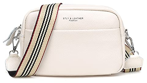 DKIIL NOIYB Crossbody-Tasche für Damen, klein, echtes Leder, Damen-Umhängetasche, weiß, Crossbody-Kameratasche, abnehmbarer breiter Riemen, Schultertasche, Geldbörse, weiß, 22