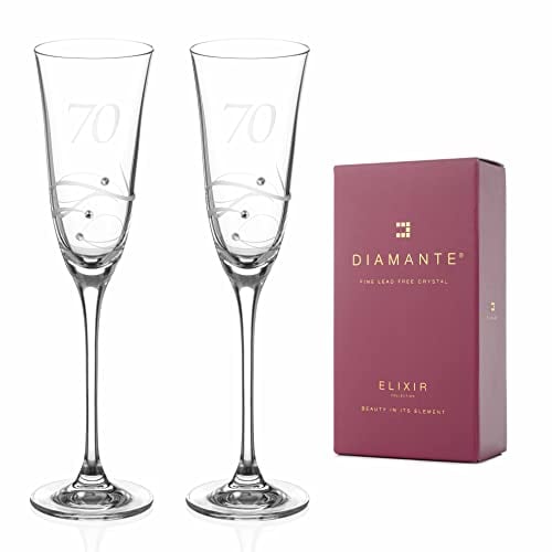 DIAMANTE Swarovski 70th Birthday Champagne Glasses Set of 2pcs – Two Crystal Champagne Flute with a Hand Etched “70” - Embellished Crystals