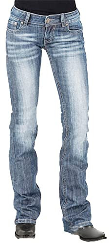 Damen Distressed Slim Micro Flare Jeans Mid Waist Zip Up Retro Stretch Bootcut Denim Gerade Bell Bottom Hose (Hellblau,XL)