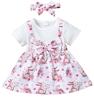 Verve Jelly Toddler Baby Girls Easter Outfit Long Short Sleeve Bunny Print Skirt Princess Party Dress Summer Clothes Set with Headband