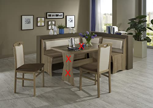 wonido Truhen-Eckbankgruppe, Noce Dekor BZW. Buche massiv nocefarbig; Eckbank, 2 Stühle und Vierfußtisch; Bezug: Mikrofaser Rücken beige, Sitz braun ; Eckbank variabel aufbaubar