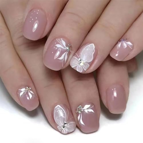 24pcs Short Nude Pink Stick-on Nails With Butterfly Rhinestone - Press-on Removable Glue-on Acrylic Full Cover Nail Art Accessories for Women and Girls