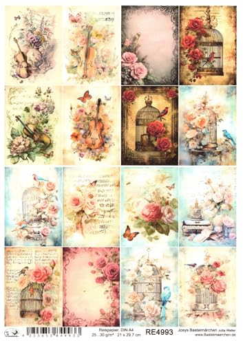 Josys Bastelmärchen Reispapier A4 Strohseide Decoupage Vintage Musik Geige Blumen Rosen Vogel RE4993