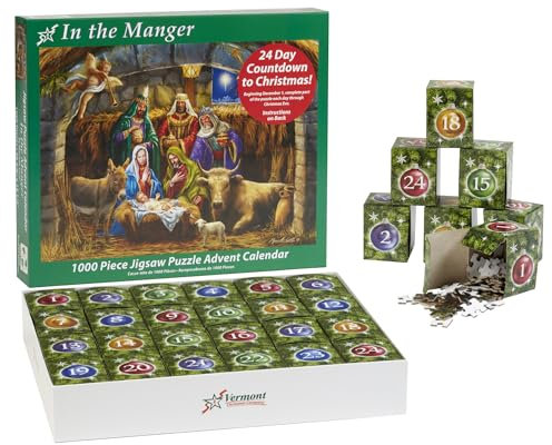 Jigsaw Puzzle Advent Calendar - Manger Scene - 1000 Pieces by Vermont Christmas Company - 24 Puzzle Sections to Complete - Religious Advent Calendar Puzzle