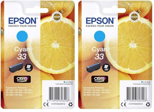 Epson 33 Cyan Oranges, Genuine, Claria Premium Ink, Standard Capacity (Pack of 2)