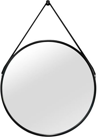 BD ART Wandspiegel mit Aufhängeband aus Leder, 50 cm runder Spiegel für das Schlafzimmer, Badezimmerspiegel, Schwarze, Wandspiegel für den Flur