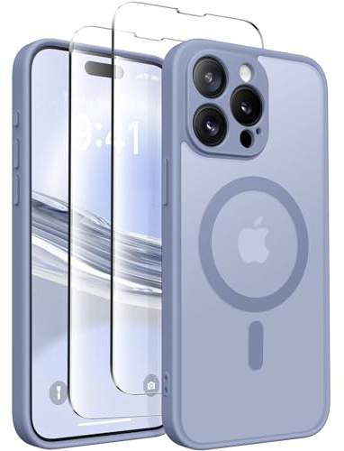 CAPRARO Magnetische für iPhone 15 Pro Max Hülle,[Kompatibel mit MagSafe] [Vollständiger Schutz der Kamera] Stoßfester Schutz Schlank Durchscheinende Matte iPhone 15 Pro Max Hülle,Lavendel Grau