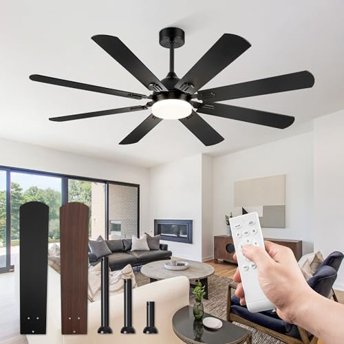 Fanbulous Moderno ventilador de techo negro de 62 pulgadas con control remoto y luz LED, 8 aspas, 6 velocidades, silencioso (menos de 35 dB), temporizador, ideal para uso en interiores y exteriores