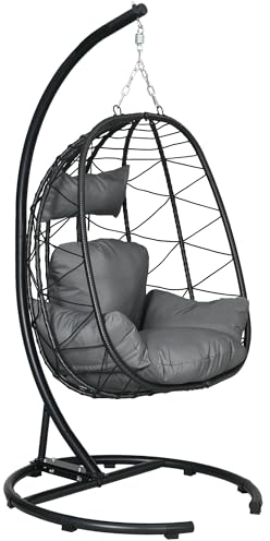 Outsunny Hängesessel Rattan Hängestuhl 195 cm Höhe Schaukelkorb Indoor Outdoor inkl. Gestell, Kissen, wasserdichte Abdeckung, für Terrasse, Garten bis zu 150 kg, Dunkelgrau