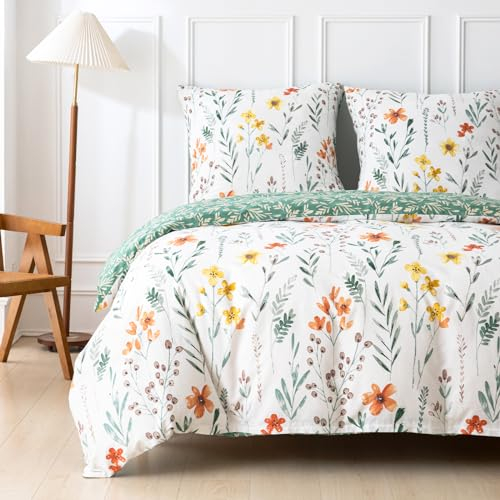 Tokokimo Bettwäsche 200x200 Baumwolle - Bettwäsche-Sets 3 Teilig mit Reißverschluss - Grün Weiß Blumen und Blätter Muster - Bettbezug 200X200 cm mit 2 Reißverschluss-Kissenbezug 80x80 cm
