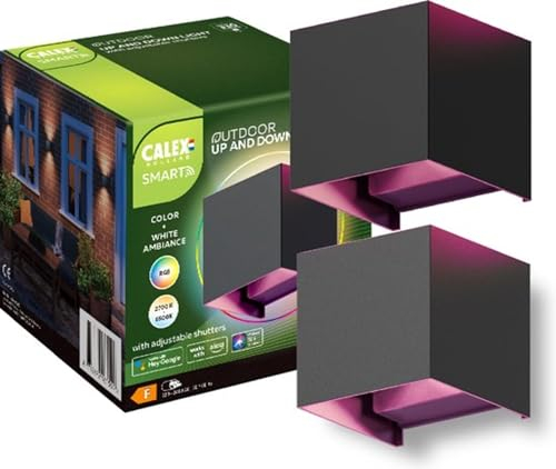 CALEX Smart Outdoor LED Wandleuchte, Up & Down, RGB-Farben & kalt- bis warmweiß Licht, dimmbar, integriertes LED-Modul, wasserdicht, App- & Sprachsteuerung, Schwarz, 2er Pack