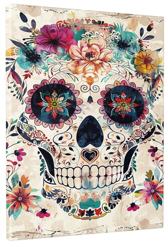 Leinwandbild, Motiv: floraler Totenkopf, lebendiger, bunter Zuckerschädel, Dekoration für Wohnzimmer, Schlafzimmer, Büro, ungerahmt, 40,6 x 50,8 cm