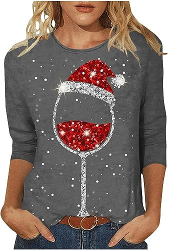 Ladies Christmas Tops Light Up Christmas Tree Printed Tops Sparkly Wine Glass Xmas Shirts Crewneck Blouse Casual Pullover 3/4 Sleeve Tunic Tees for Work Officce Size 8-22