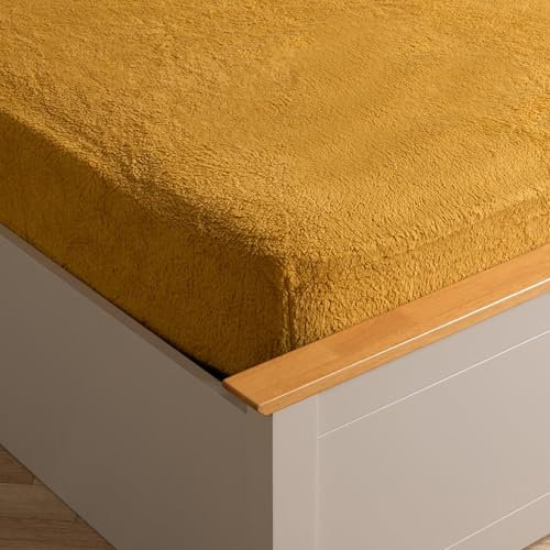 Brentfords Teddy Fleece Fitted Sheet Double, Fluffy Fleece Bed Sheet Double Fitted Easy Care Ultra Soft Fade Resistant Winter Warm Bedding Linen Sheet - Yellow