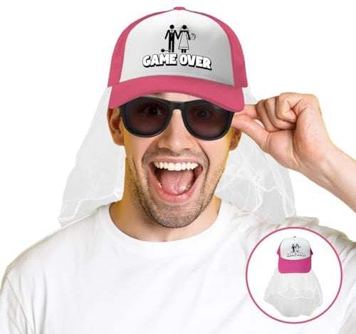 Single Party® Game Over Kappe für Junggesellenabschied | Integrierter Schleier und Brille | Verstellbare Größe | Kostümzubehör für den Zukünftigen Bräutigam | JGA Party | OriginalCorner®