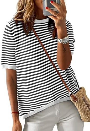 Cuptacc Tops Damen Gestreiftes T Shirt Damen Sommer Rundhals Oberteile Bluse Kurzarm Locker Baumwolle Top Beige Mittel M 38-40