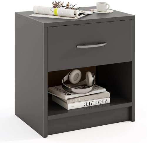 RELAX4LIFE Nachttisch, Nachtschrank mit Schublade & offener Ablage, Nachtkommode Holz 38,5 x 28 x 40,5 cm, Beistelltisch, Sofatisch für Wohnzimmer, Schlafzimmer (Grau)