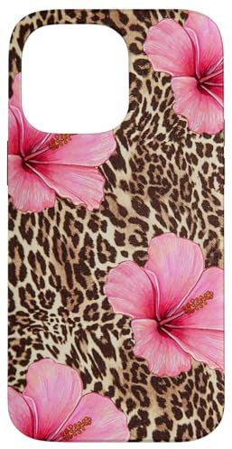 Leopard Print Hibiscus Flower Pink Floral Case for iPhone 14 Pro Max