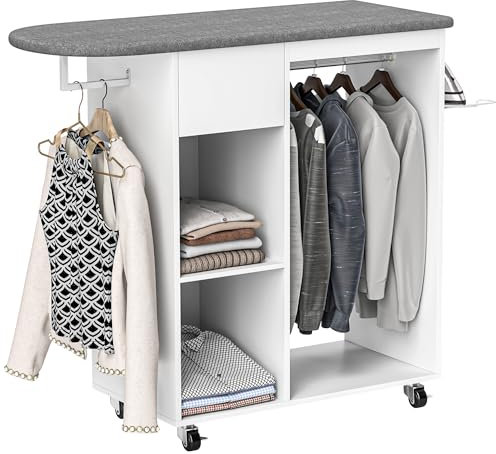 HOMCOM Mobile Asse da Stiro con Ruote di Freno e Portaferro da Stiro, Mobile da Stiro Multiuso con Barra Appendiabiti, Cassetto e Ripiano Regolabile, per Lavanderia, Bagno, 125x43.5x112 cm, Bianco