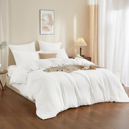 YASMENG Doppelte Muslin Bettwäsche 220x240 Weiß Bettwäsche Muslin 100% Baumwolle Bettwäsche Weich Atmungsaktiv Kuschelige Bettwäsche 3 Teilig mit Reißverschluss und 2 Kissenbezüge 80x80 cm