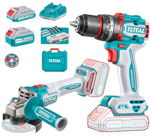 TOTAL, Pack Taladro Percutor y Amoladora Brushless 20V, 66 Nm, Modelo TCKLI20273E, Incluye 2 Baterías, Cargador y Accesorios