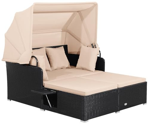 COSTWAY Sonnenliege Rattan für 2 Personen, Gartenliege mit Dach, Auflage, Kissen & ausklappbaren Seitentischen, Sonneninsel, Doppelliege, Sonnenbett, Loungebett für Garten, Terrasse (Gelblich)