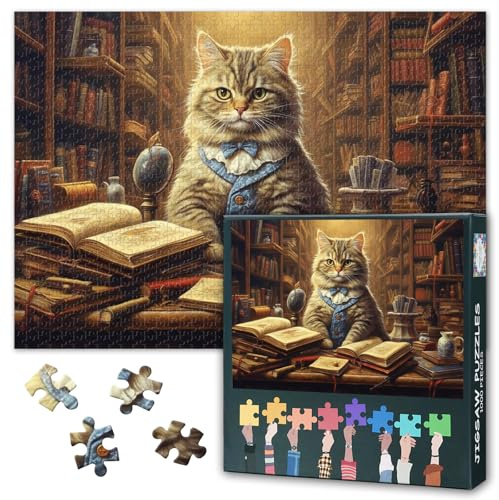 Katzenpuzzle für Erwachsene 1000 Teile Professor Cat in a Library Jigsaw Puzzles 1000 Teile Surrealistische Puzzles für Erwachsene, Impossible Puzzle, 50x70 cm