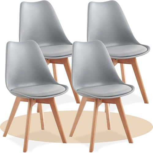 Dekohome Pack de 4 Sillas de Comedor, Sillas de Cocina con Respaldo Ergonómico, Asiento Acolchado Tapizado y Patas de Madera Maciza de Haya, Gris