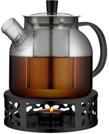 Teekanne mit Siebeinsatz, 1,5l Glas Teekanne mit Stövchen, für Losen Tee und Teebeutel, Spülmaschinenfest, Teapot Hält Lange Warm