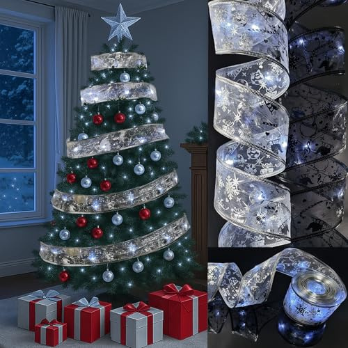 AMLOOPH Christmas Tree Lights, Silver 10m Christmas Tree Ribbon String Fairy Lights for Tree Christmas Decorations, Battery Cool White 100 LED Ribbon Christmas Lights Indoor for Xmas Tree Decorations