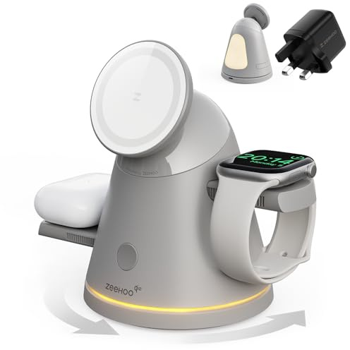 Stazione di ricarica 3 in 1 per dispositivi Apple,Qi2 Mag-Safe Charger Stand & Light,Stazione di ricarica wireless veloce per iPhone 17/16/15/14/13 AirPods & iWatch&Samsung Watch (Grigio & EU Plug)