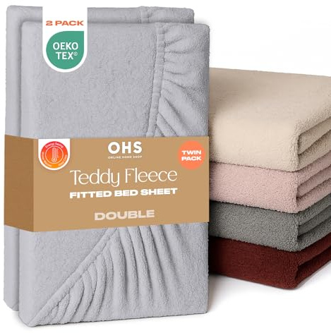 Brentfords Double Fitted Sheets 2 Pack Fleece Bedding, Winter Warm Thermal Teddy Fleece Fitted Sheet Deep Pocket 25cm Fade Resistant Bed Sheets Cuddly Cosy Fluffy Teddy Bear Bedding, Grey Silver