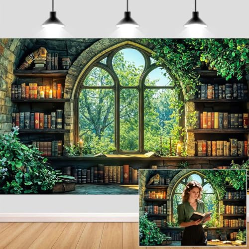 8X6ft Vintage Forest Bookshelf Backdrop Retro Green Forest Library Window Photography Background Photo Studio Props for The World Book Day Birthday Party Decor