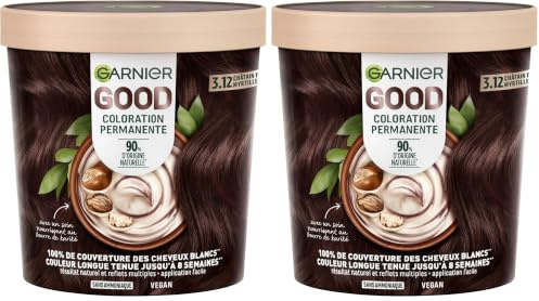 Garnier - Colorazione permanente - Senza ammoniaca - 90% di ingredienti di origine naturale - Burro di karité - 100% copertura per capelli bianchi - GOOD castano scuro mirtillo 3.12 (Confezione da 2)