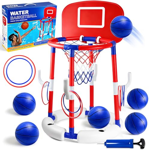 Joellfuner Canasta de Baloncesto Piscina, Flotante Canasta Piscina 2 en 1, 10 Anillos para Lanzar + 6 Balones, Juego de Agua para Adultos Niños, Juegos Piscina Interior y Exterior (Rojo)