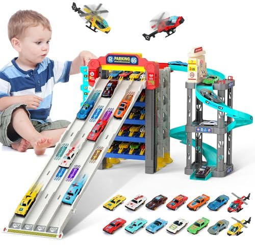 JONRRYIN Autorennbahn für Kinder, Rennstrecke Auto mit 5 Stockwerke Parkhaus, Spielzeug Rennbahn mit Spiral für Kinder ab 3 Jahre, 12 Leichtmetallautos und 2 Flugzeug, Tankstellen mit Zapfsäule