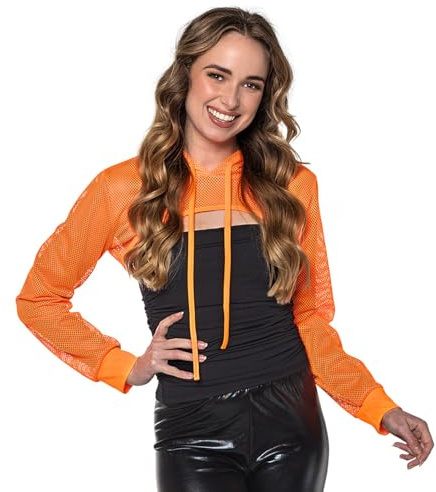 Boland - UV Fischnetz Bolero, Neon Crop Top mit Kapuze, Shirt leuchtet im Schwarzlicht, Oberteil für Karneval, Festival und Mottoparty