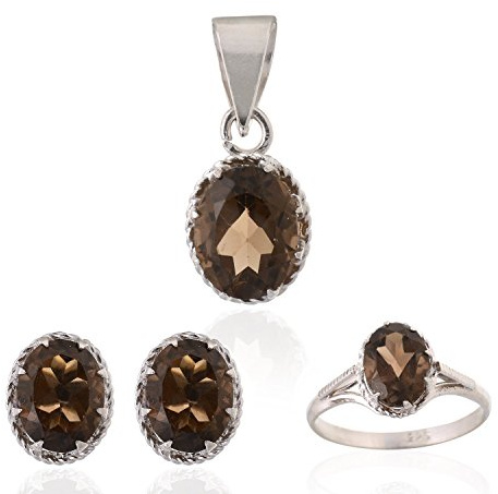 BrightJewels auffallend braun Rauchquarz echte Edelsteine ​​92,5 Sterling Silber Ohrring, Ring & Anhänger Schmuck-Set für Frauen