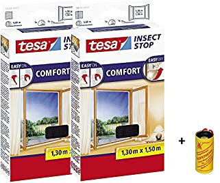 tesa Insect Stop Comfort Fliegengitter für bodentiefe Fenster/Insektenschutz mit Selbstklebendem Klettband in Anthrazit + 1 Rolle Fliegenfänger Gratis (2X 130 cm x 150 cm)