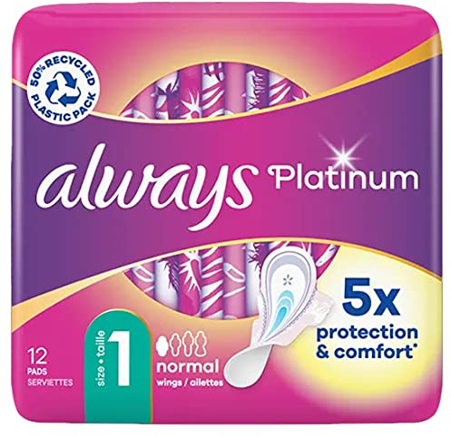 Serviettes Always Platinum Normal (taille 1) Avec Ailettes x12, Voile Supérieur Protecteur Ultra-Doux, Parfum Léger