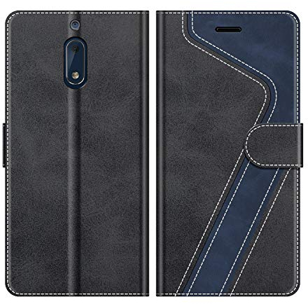 MOBESV Hülle für Nokia 6 Handyhülle, Lederhülle mit Kartenfach, Klapphülle mit Ständer, Flip Case Handytasche Schutzhülle, Modisch Schwarz