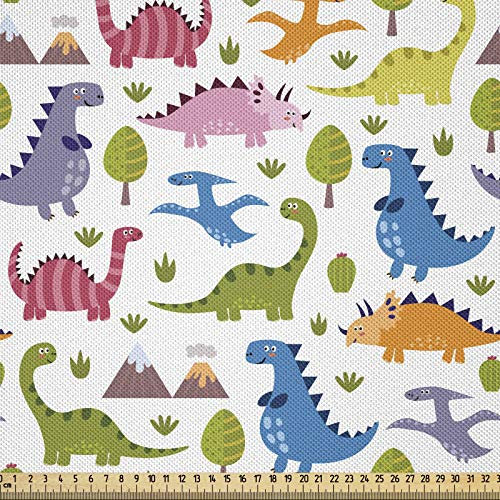 ABAKUHAUS Dino Stoff als Meterware, Dinosaurier niedlich bunt, Seidiger Satin Stoff für Polster Heimtextilien, 1M (148x100cm), Grün Rosa