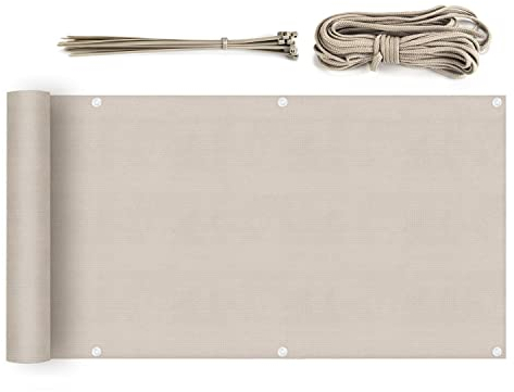 Sekey Balkon Sichtschutz Balkonabdeckung HDPE 220 g/m², 90x600cm, Leicht Transparent Wind- und UV-Schutz Wetterfest, mit Ösen, Nylon Kabelbinder und Kordel, Taupe