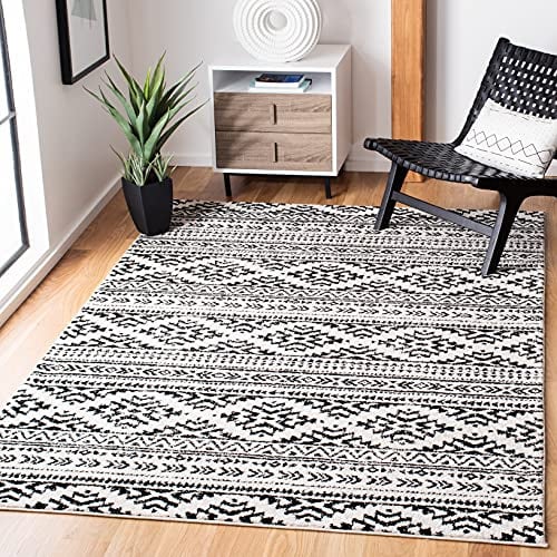 SAFAVIEH Boho Teppich für Wohnzimmer, Esszimmer, Schlafzimmer - Tulum Collection, Kurzer Flor, Elfenbein und Schwarz, 160 X 229 cm
