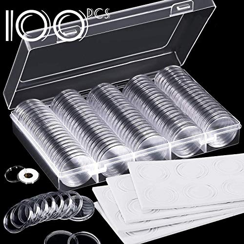 BITEFU 100 Pcs 30ml Capsules de Monnaie, Transparent Capsule Piece de Monnaie avec 100 Ruban D'étanchéité 1 Boîte de Rangement, pour Collecte et Stockage de Monnaie